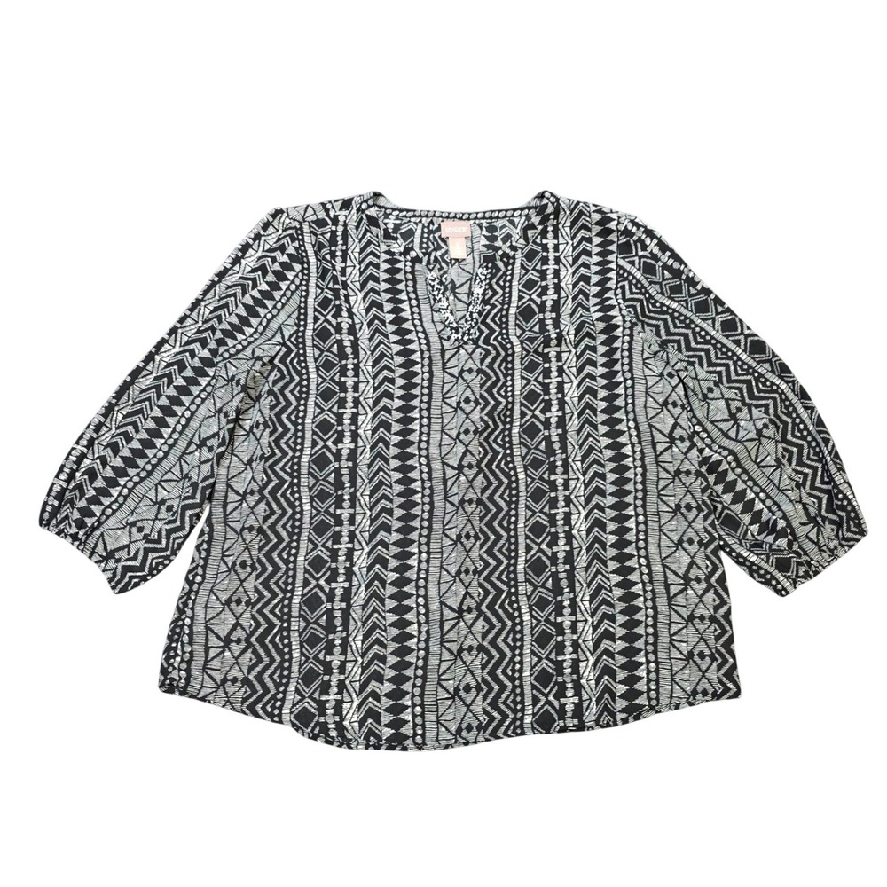 Chicos Geometric Tribal Blouse Women's Size 2 (L) Black White Beaded V-Neck